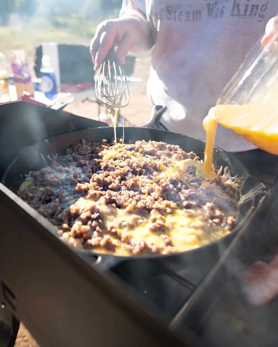 breakfast in skillet while camping