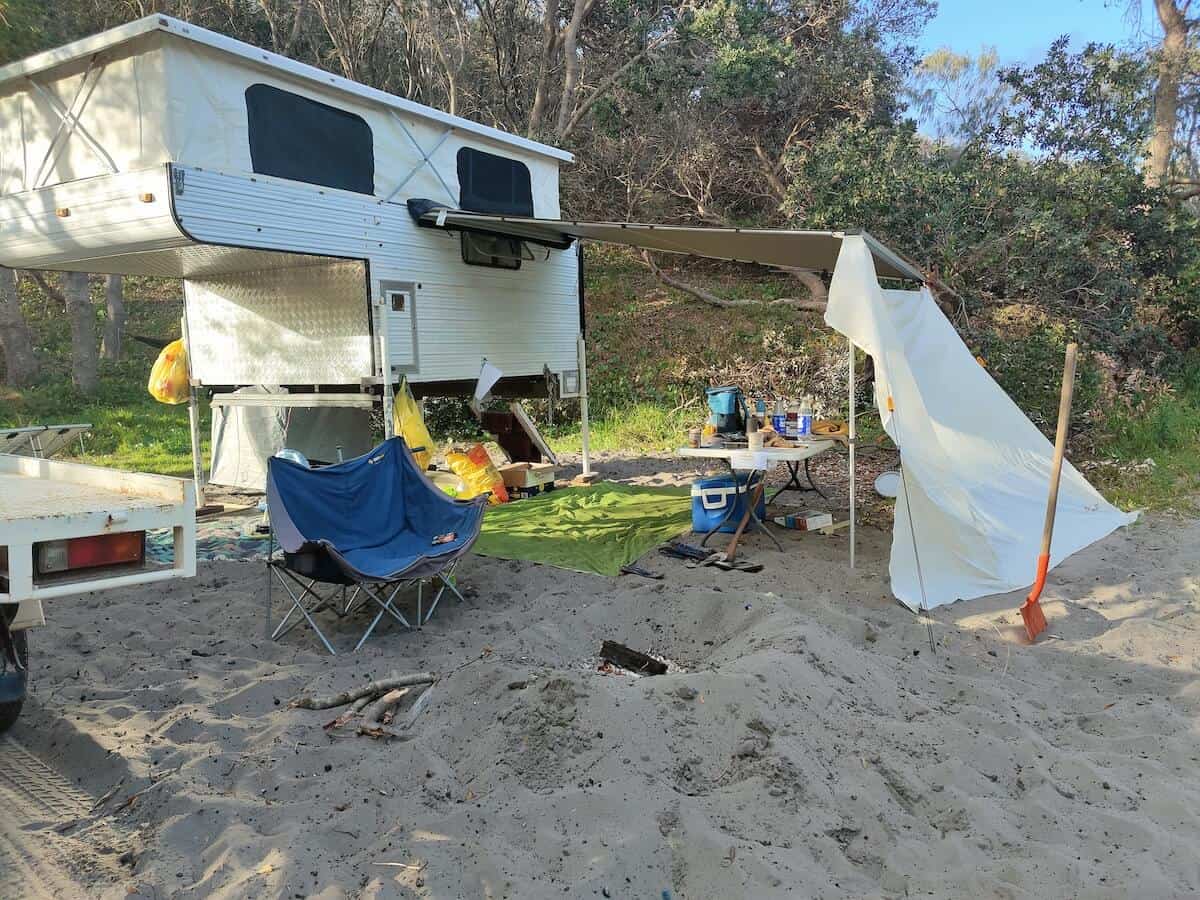 camping on moreton island with a slide on.