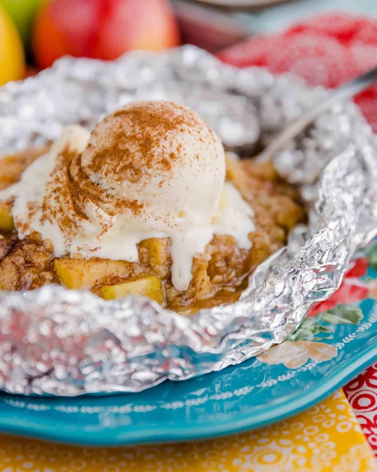 campfire apple pie with ice cream