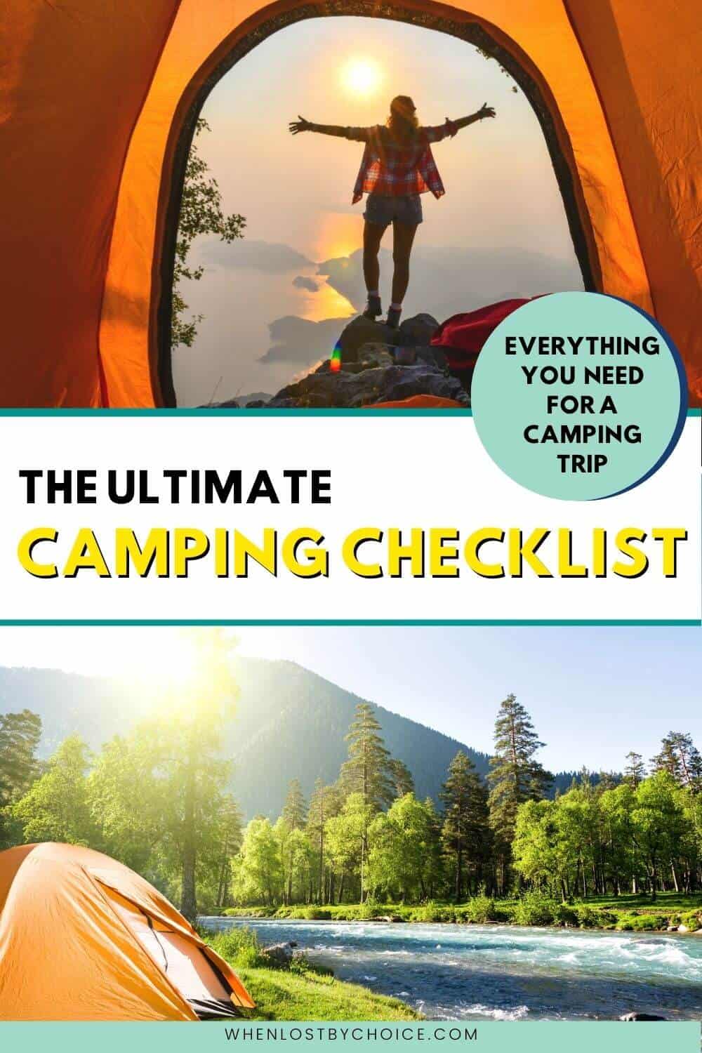 Pinterest image - text reads the ultimate camping checklist everything you need for a camping trip