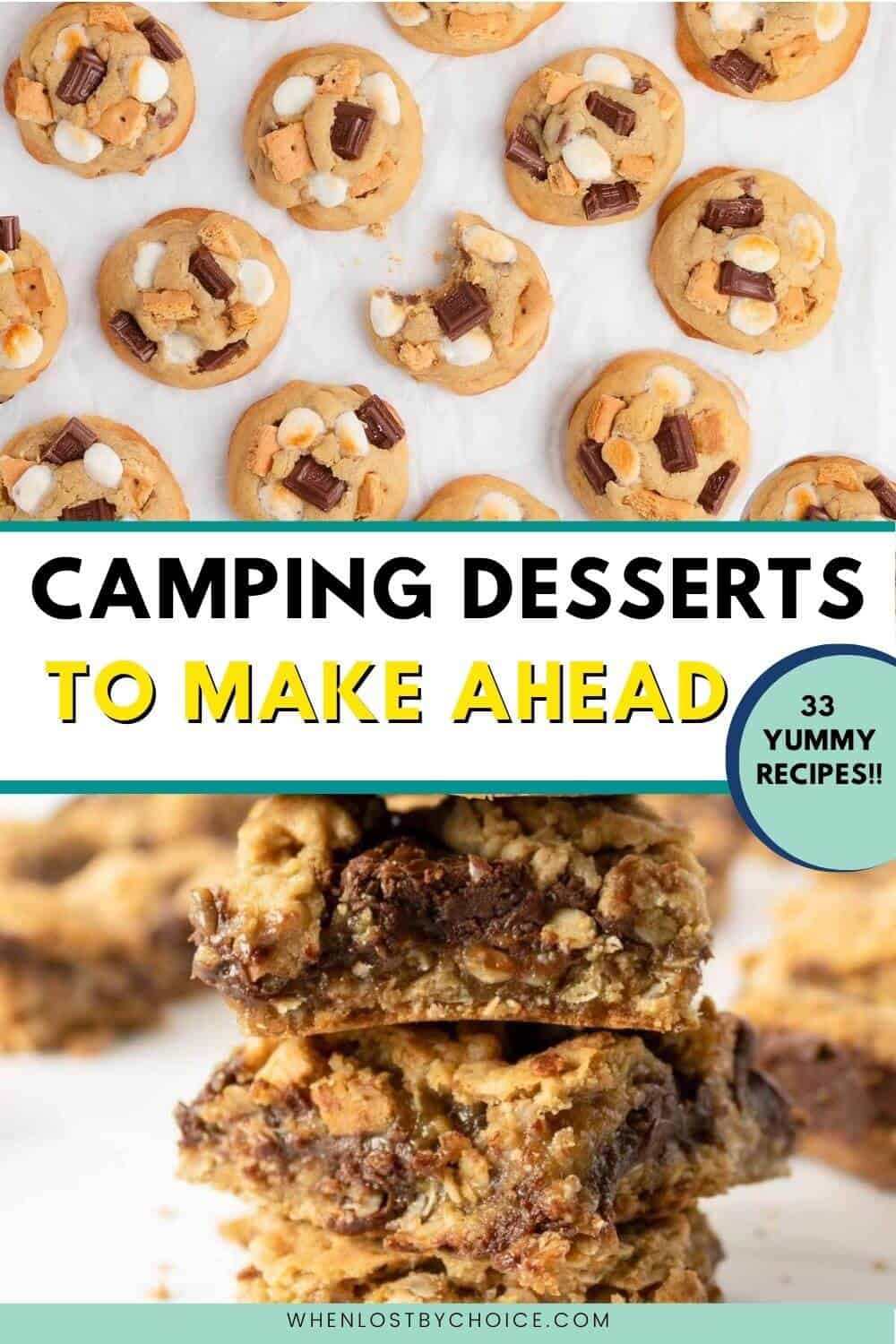 Pinterest image - text reads camping desserts to make ahead 33 yummy recipes