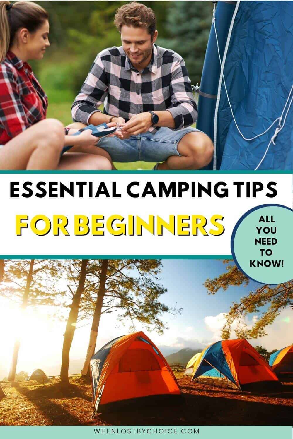 pinterest image - text reads essential camping tips for beginners