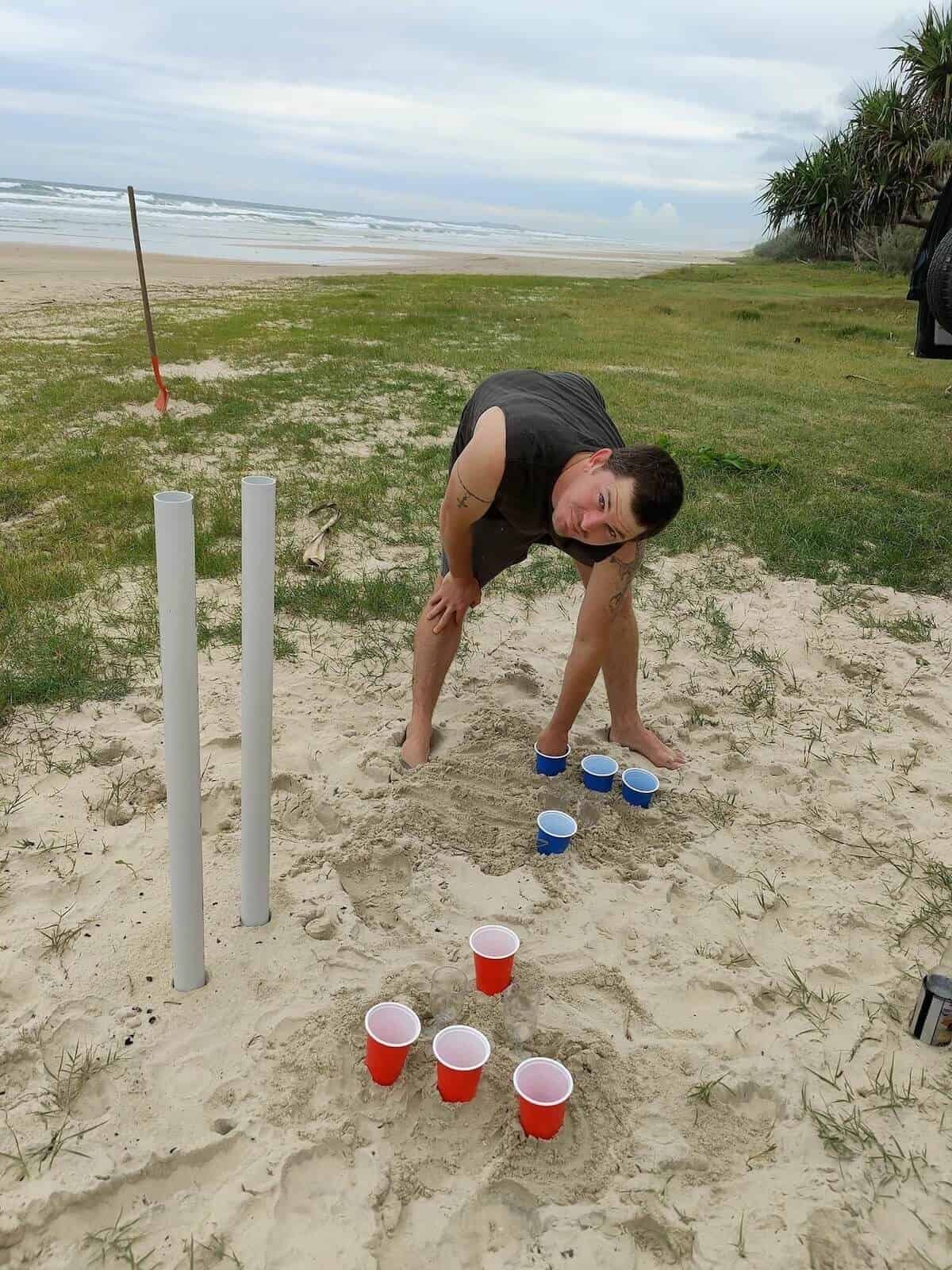 improvising with beer pong while camping