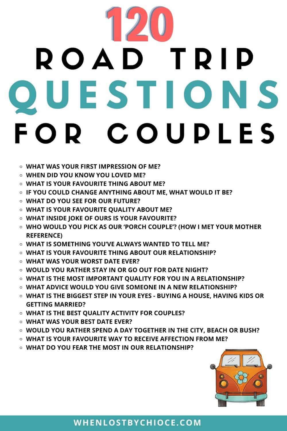 Pinterest image - text reads 120 road trip questions for couples