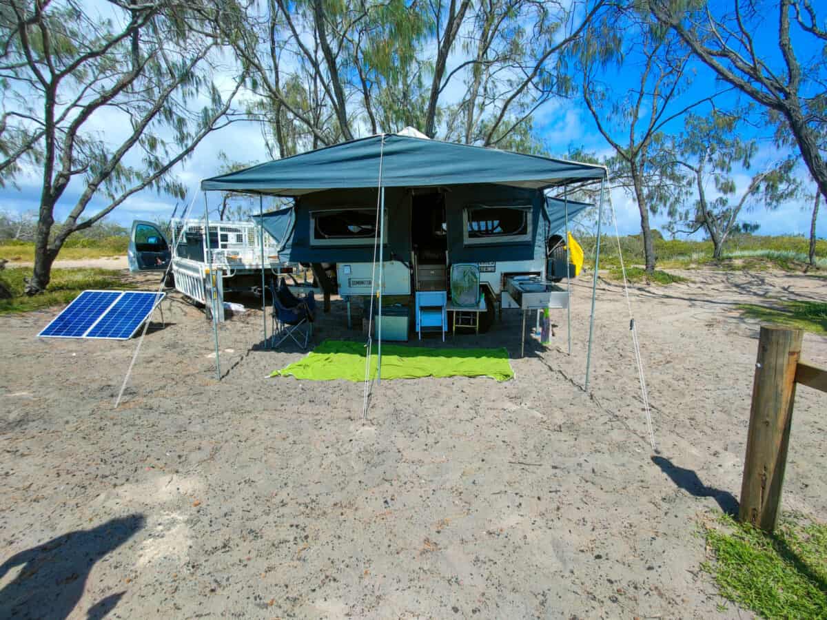 pop up camper trailer set up at inskip camping site.