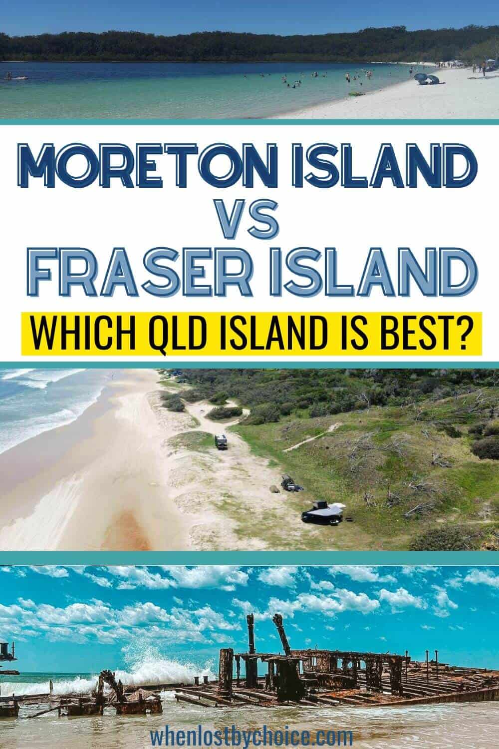 moreton island vs fraser island k'gari with collage of beaches and wrecks