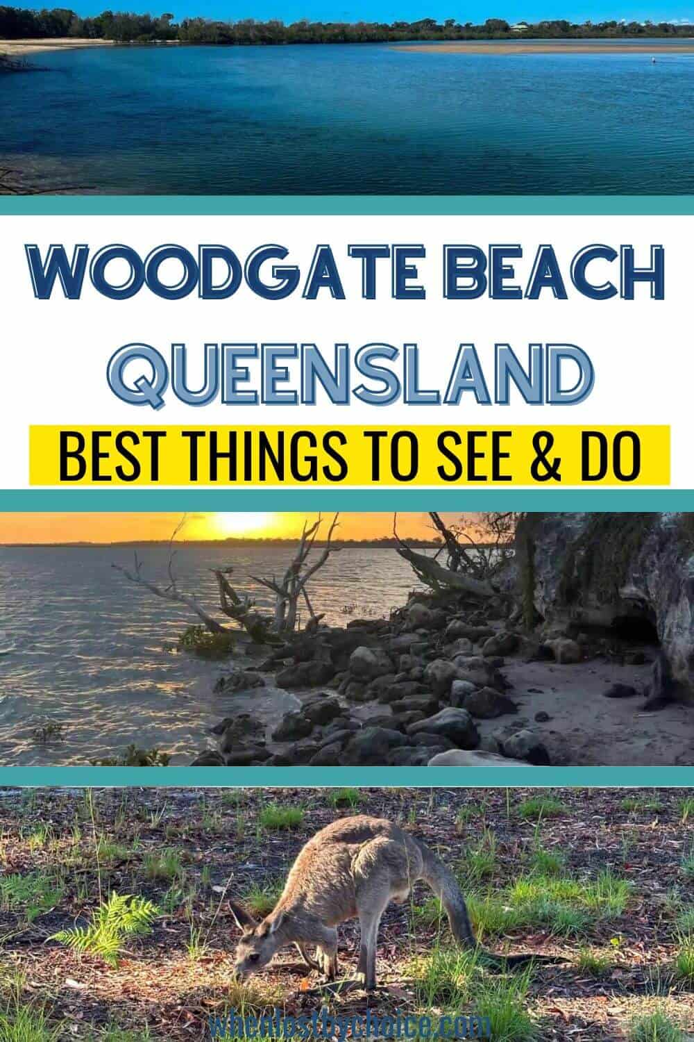 image collage of woodgate beach and text box that reads best thing to do in woodgate beach queensland
